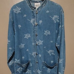 CHICO'S Denim Sz 1 Womens Boho Floral Embroidered Cottagecore Button Up Top